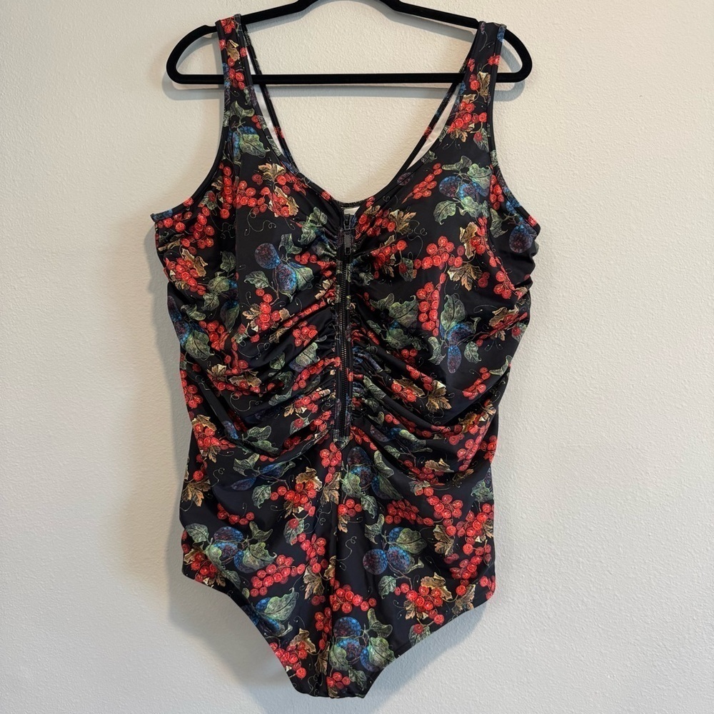 Delimira Zipper Front Ruched One Piece Swimsuit Floral Swimsuit 24 NWT